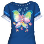 blue dress with a white under layer, a watercolor butterfly design, roses at the bottom, and blue sequins