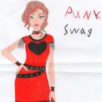 Red & Black Alex dress with black tule underlay, rinestones on cuffs and large black heart. Black belt with rinestones, Choker and bracelets with rinestones and black boots.
